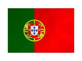 isolated illustration. National Portuguese bicolour flag with bands of red, green and coat of arms . Official symbol of Portugal. Creative design in low poly style with triangular shapes. vector