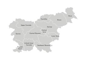 isolated illustration of simplified administrative map of Slovenia. Borders and names of the provinces, regions. Grey silhouettes. White outline. vector