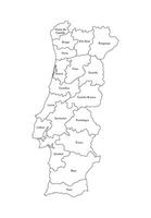 isolated illustration of simplified administrative map of Portugal. Borders and names of the regions. Black line silhouettes. vector