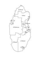 isolated illustration of simplified administrative map of Qatar. Borders and names of the regions. Black line silhouettes. vector