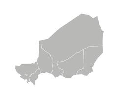 isolated illustration of simplified administrative map of Niger. Borders of the regions. Grey silhouettes. White outline vector