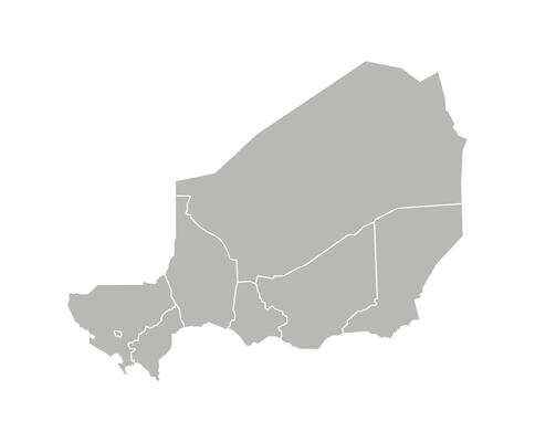 isolated illustration of simplified administrative map of Niger. Borders of the regions. Grey silhouettes. White outline