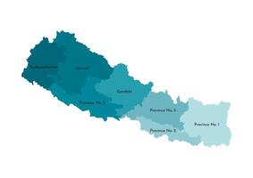 isolated illustration of simplified administrative map of Nepal. Borders and names of the provinces. Colorful blue khaki silhouettes vector