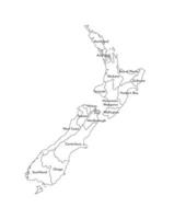 isolated illustration of simplified administrative map of New Zealand. Borders and names of the regions. Black line silhouettes. vector