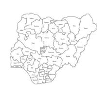 isolated illustration of simplified administrative map of Nigeria. Borders and names of the regions. Black line silhouettes. vector