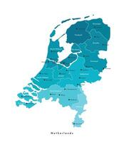isolated modern illustration. Simplified administrative map of Netherlands in blue colors. Names of the cities and provinces. White background. vector