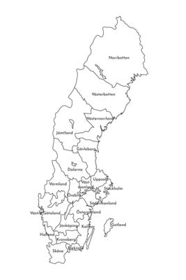 isolated illustration of simplified administrative map of Sweden. Borders and names of the counties. Black line silhouettes.