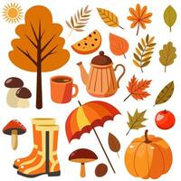 Set of autumn objects. Cute hand drawn elements to create a poster or card. Cartoon style illustration. vector