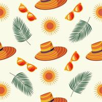 Seamless pattern with summer hat, sunglasses, tropic leaf. Summer background. Cartoon style illustration. vector