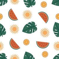 Seamless pattern with hand drawn tropical tree leaf, melon and sun. Summer tropical background. Cartoon style illustration. vector
