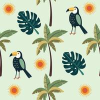 Seamless pattern with hand drawn tropical bird, palm tree, mostrera and sun. Summer tropical background. Cartoon style illustration. vector