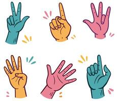 Hand drawn hands showing different gestures. Concept of communication and expressions. Cartoon illustration vector