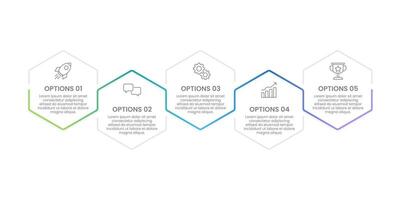 5 steps infographic hexagon elements with line design template. Business presentation, Planning, Workflow, Marketing, Brochure and Banner. vector