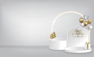 White round display stand with balloons and Christmas tree decorations, suitable for Christmas and New Year vector