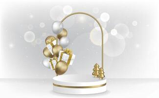 White round display stand with balloons and Christmas tree decorations, suitable for Christmas and New Year vector