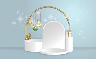 White round merchandise display stand with Christmas tree and decorations, suitable for Christmas and New Year vector