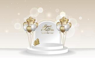 White round display stand with balloons and Christmas tree decorations, suitable for Christmas and New Year vector