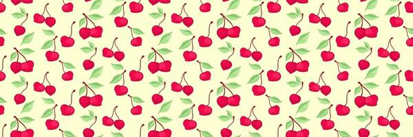 Summer pattern with abstract artistic cherries with leaves on a yellow background. Red berries, fruits, green leaf, seamless print. hand drawing painted. Design ornament for fabric, textiles vector
