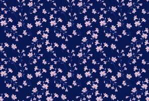 Blooming wild meadow seamless pattern on a dark blue background. Abstract artistic branches with tiny flowers, small buds print. hand drawing sketch. Simple ornament for textile, print vector