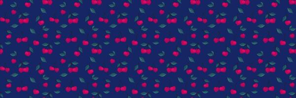 Summer pattern with creative tiny cherry with small leaves. Abstract artistic berries, fruits, leaf seamless print on a dark background. hand drawing painted. Design ornament vector