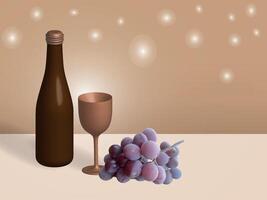 Bottle, glass and grapes. 3D visualization. Can be used to create presentations, packaging and visualization of products, postcards and various layouts. vector