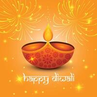 a poster for happy Diwali with fireworks and a Diya in the background vector