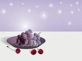 A bunch of grapes and cherries on a plate. 3D visualization. Can be used to create presentations, packaging and visualization of products, postcards and various layouts. vector