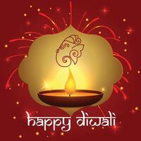 a poster for happy Diwali with fireworks and a Diya in the background vector
