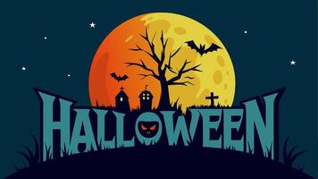Haloween background with black castle, graveyard at night full moon vector