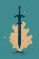 Sword with splatted ink background with vintage effect for your design, cover book design, child book design vector