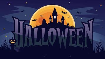 Haloween background with black castle, graveyard at night full moon vector