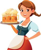 Waitress holding beer in mugs on a tray at oktoberfest vector