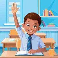 Smart student raising hand to answer question in classroom vector