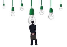 Conceptual image of a man in a suit looking at illuminated light bulbs, symbolizing decision-making and ideas vector