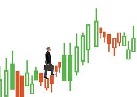 Businessman walking up on rising candlestick chart on white background vector