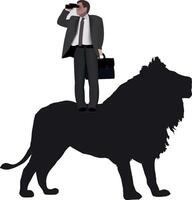 Businessman standing on a lion and looking through binoculars vector