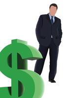 Businessman standing with hands in pockets next to giant green dollar sign vector