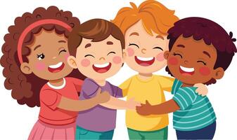 Group of diverse children hugging and smiling vector