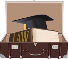 Graduation cap resting on law book inside open suitcase vector