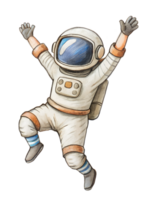 Astronaut jumping up with both arms raised, legs bent, and a huge smile, capturing overwhelming joy png