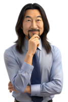3d style illustration of asia middle aged man with long hair in office worker uniform, he is Biting of nails, isolated on a transparent background png
