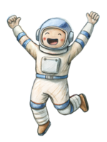 Astronaut jumping up with both arms raised, legs bent, and a huge smile, capturing overwhelming joy png
