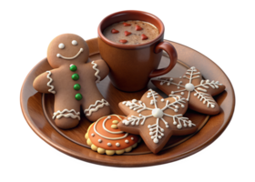 3d render of Gingerbread cookies decorated with icing, set on a rustic plate with a cup of hot chocolate png