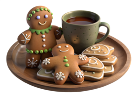 3d render of Gingerbread cookies decorated with icing, set on a rustic plate with a cup of hot chocolate png