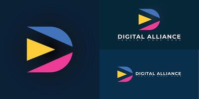 Abstract initial letter DA or AD in blue, pink, and yellow color isolated on multiple background colors. The logo is suitable for modern blockchain startup logo design inspiration templates. vector