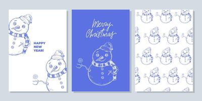 Set of Christmas templates with snowman. Christmas seamless pattern with sketch style snowman. Background with New year illustration vector
