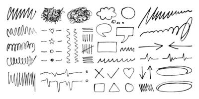 Ink pen freehand doodles and scribbles, frames and symbols, dividers and speech bubbles. Lines and arrows, graphic design elements and free shapes. illustration. vector