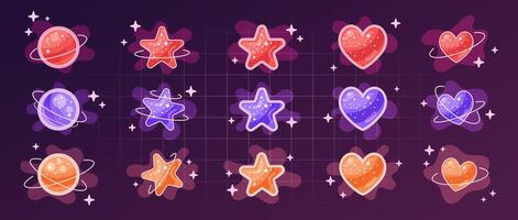 Glowing space stickers, y2k shapes with frames. hears, stars, planets, decorative elements. Retro graphic design elements. illustration. vector