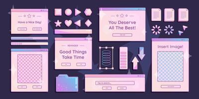 Computer screens, opened windows with short phrases and elements, loading bars and cursors, folders and documents. Graphic design stickers and decorations. illustration set. vector