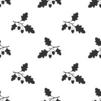 Pattern oak branch with acorns, black silhouette drawing on white background. vector